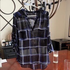 le chateau Black Plaid V-Neck Blouse with Blue and White Stripes